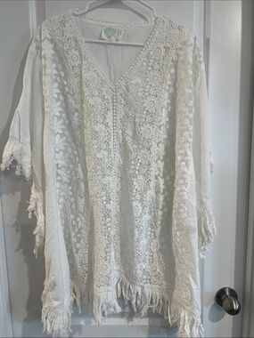 Boho Crochet Fringe V-Neck Swim Cover Up - White